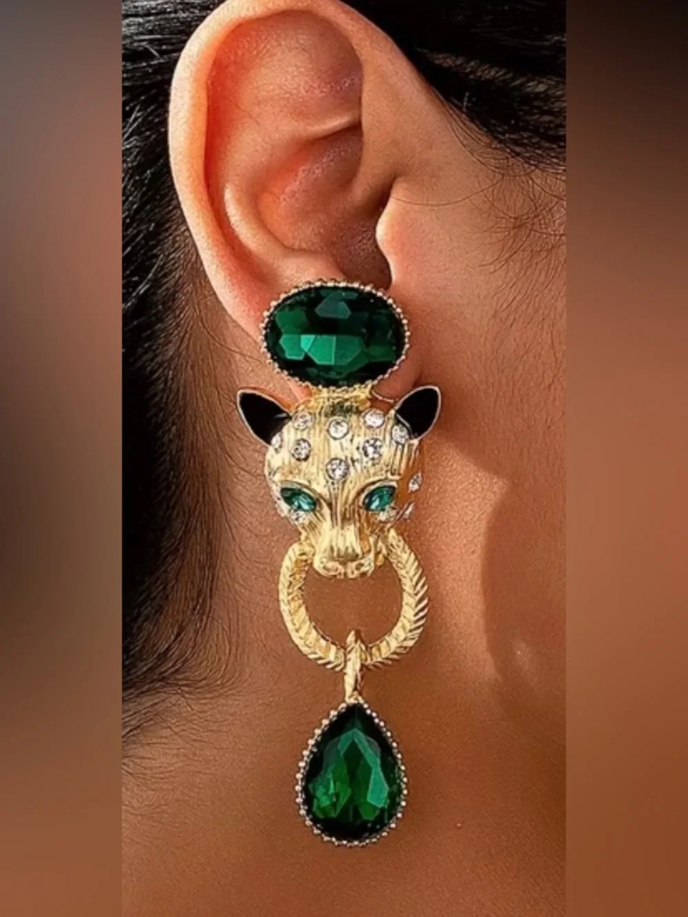 Gold Leopard Hoop Drop Earrings with Emerald Green Crystals - Women Jewelry